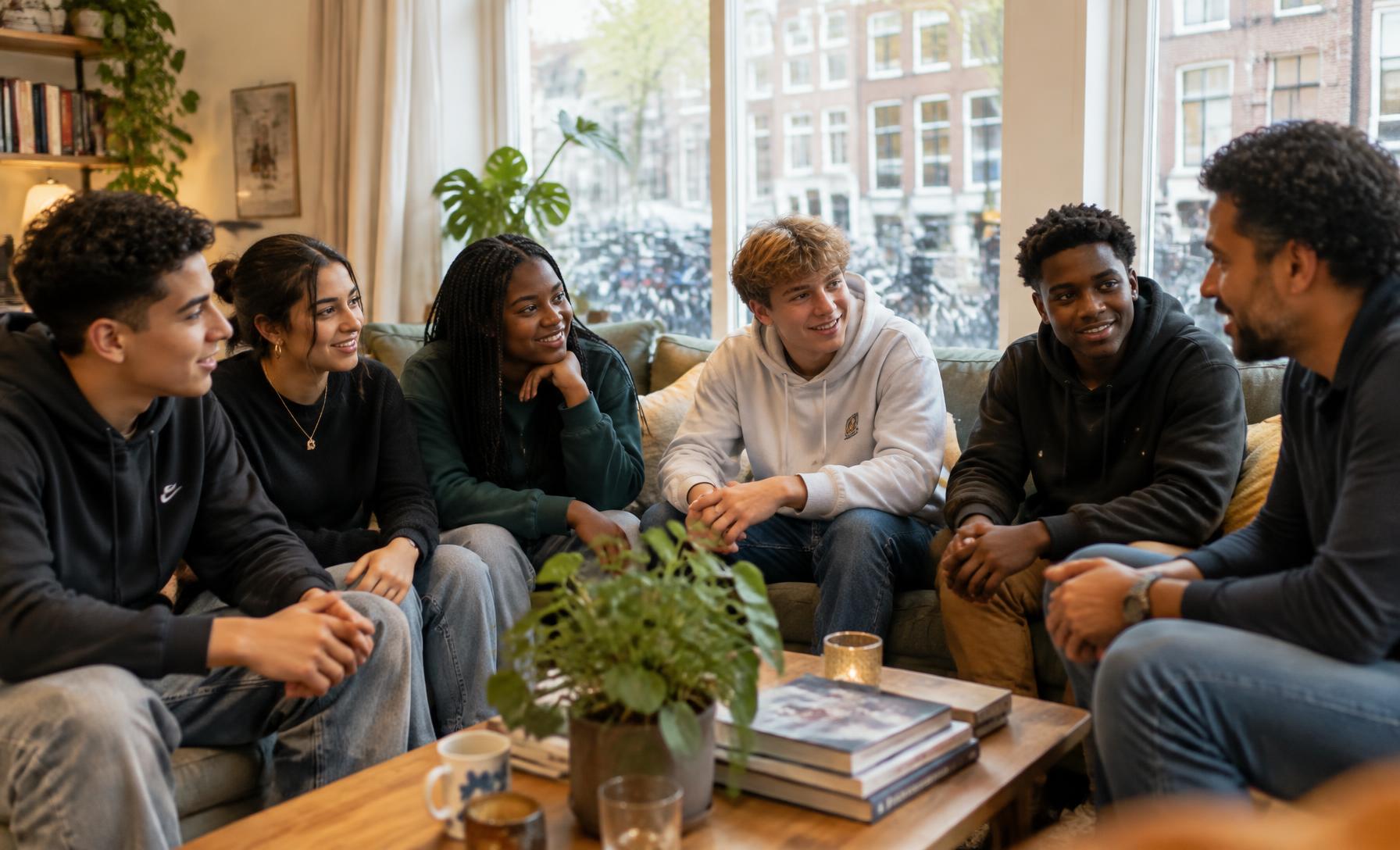 Diverse jongeren in gesprek met een begeleider in een lichte woonkamer met zicht op de stad